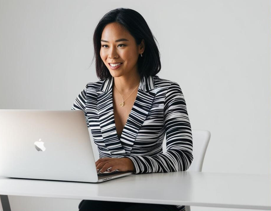 Why Choose Kitsutani LLC Woman in a black and white striped suite working at desk with laptop