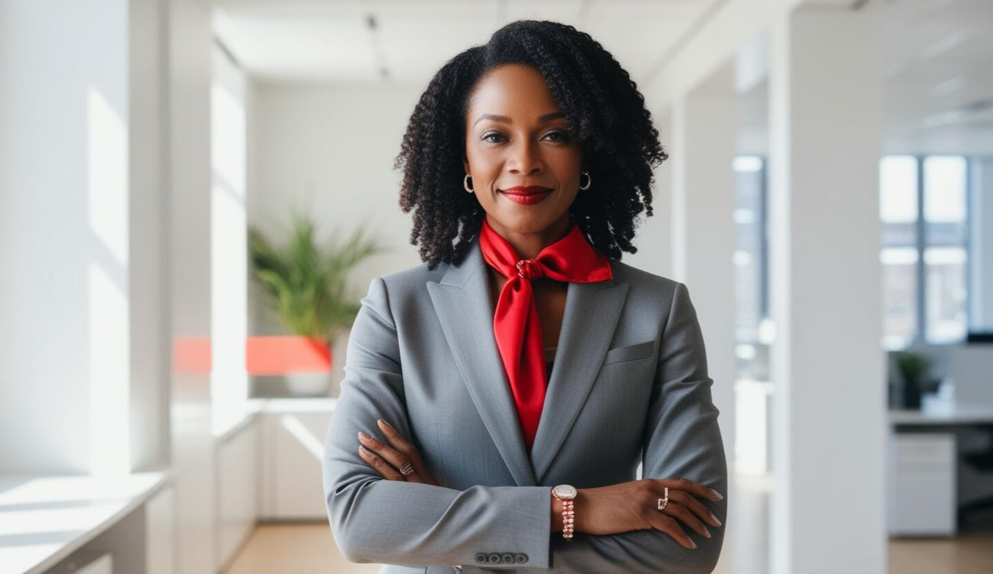 Let's Work Together Women in grey suit with red neck tie. Arms are folded in front of her